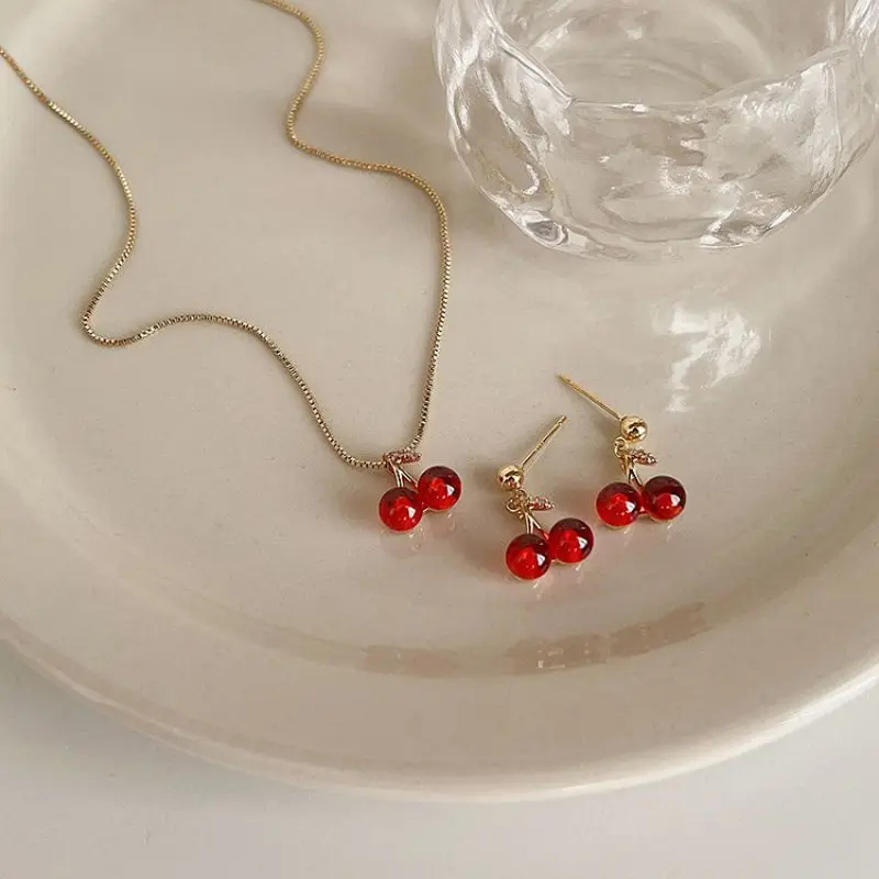 Red Cherry Pendant Necklace Stud Earrings Jewelry Sets Women's Fashion Fruit For Party Wedding Girls Gifts