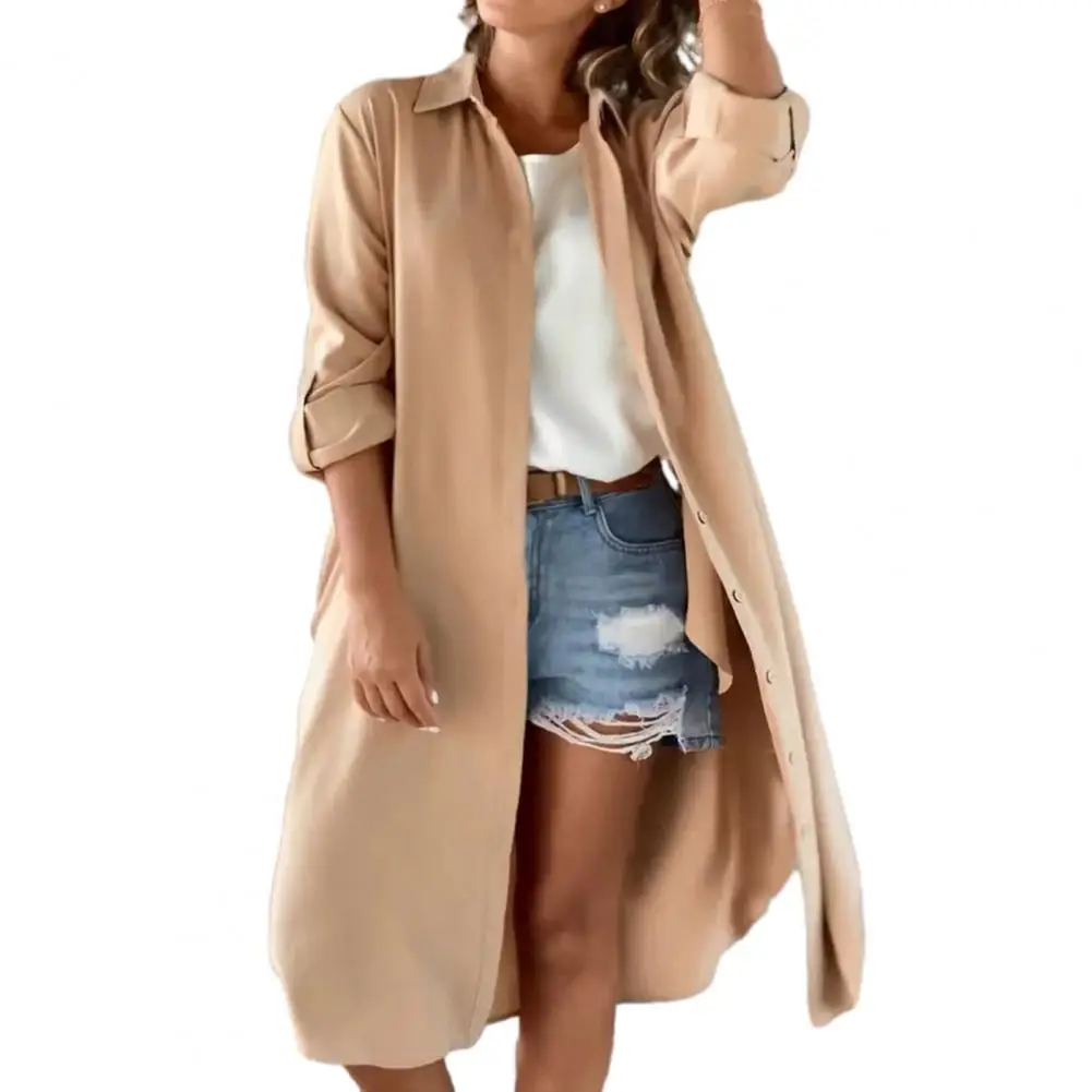 

Fall Shirt Women Coat Turn-down Collar Solid Color Loose Mid Length Casual Commute Long Sleeve Lady Blouse blusa mujer moda 2023