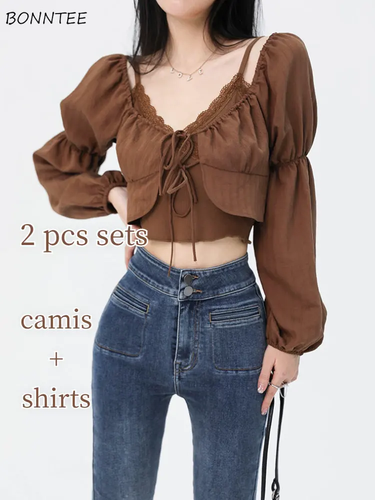 

Женский комплект из двух предметов, Милая Кружевная кофта в стиле преппи и рубашки с длинным рукавом, одежда для осени 2022, Y2k, Сексуальные Школьницы