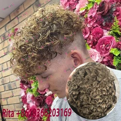 Platinum Blonde Customized 20mm Curly Human Hair Men's Toupee Super Thin 0.06-0.08mm Vlooped Full PU Skin Base Natural Hairline