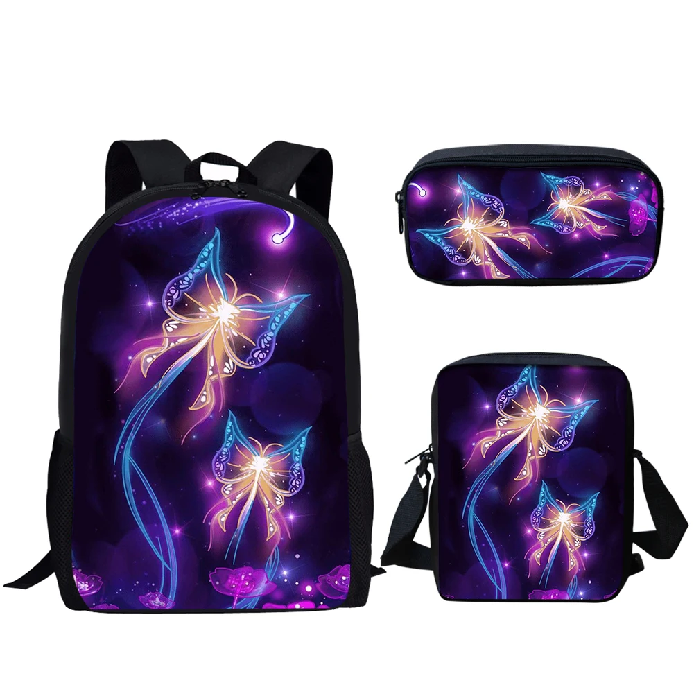 Purple Butterfly Moon Print 3Pcs School Bags for Teen Girls Travel Backpack for Women Casual Schoolbag Large Capacity Backpack