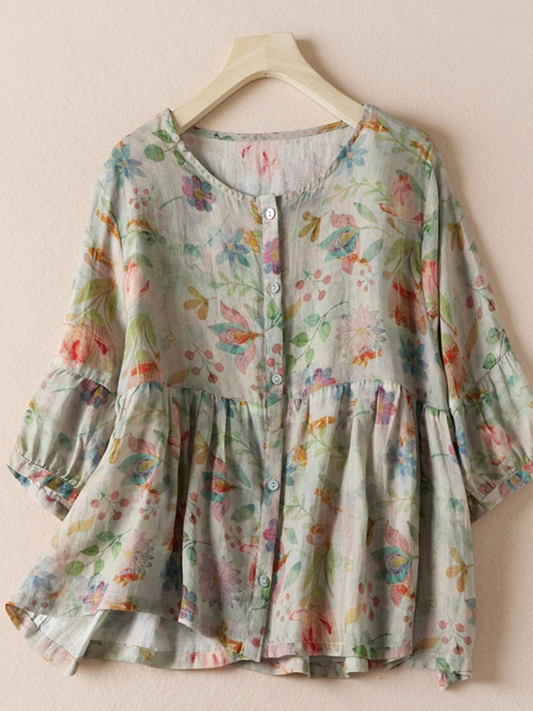 

Summer Korean Style Maternity Cotton Linen Shirts Button Fly Half Sleeve O-Neck Pregnant Woman Floral Blouses Pregnancy Clothes