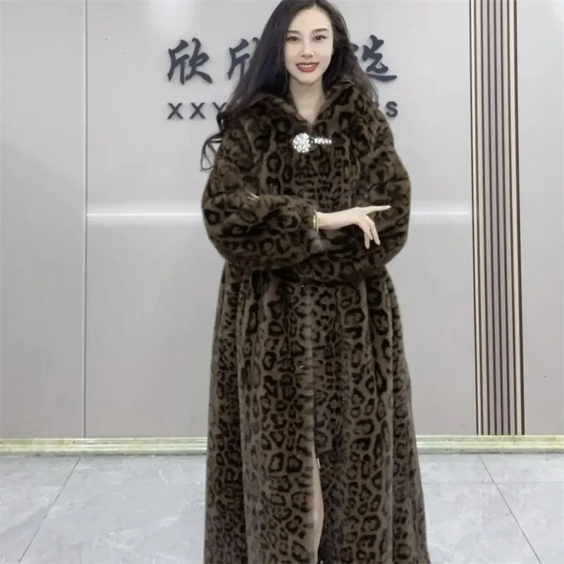 Imitated Mink Velvet Jacket Women Leopard Print Lazy And Stylish Extended Coat For Women Winter Hooded Warm And Thick Fur Coat