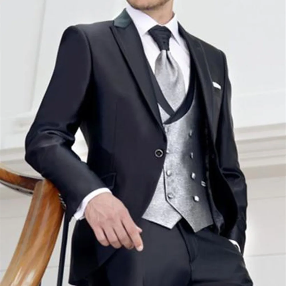 

Latest Coat Pant Designs Italian Style Black Groom Tuxedos 3 Piece Slim Fit Wedding Prom Dinner Suits For Men Groomsman