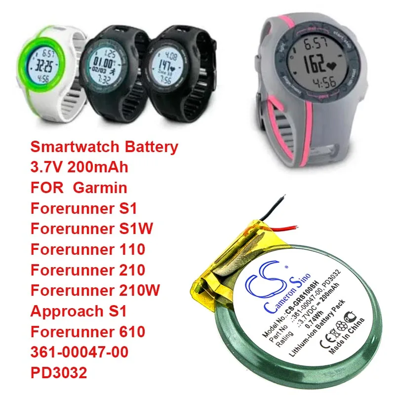 Batteria Smartwatch 200Mah Per Garmin 361-00047-00 Pd3032 Forerunner S1 S1W 110 210 210W 610 Approach S1