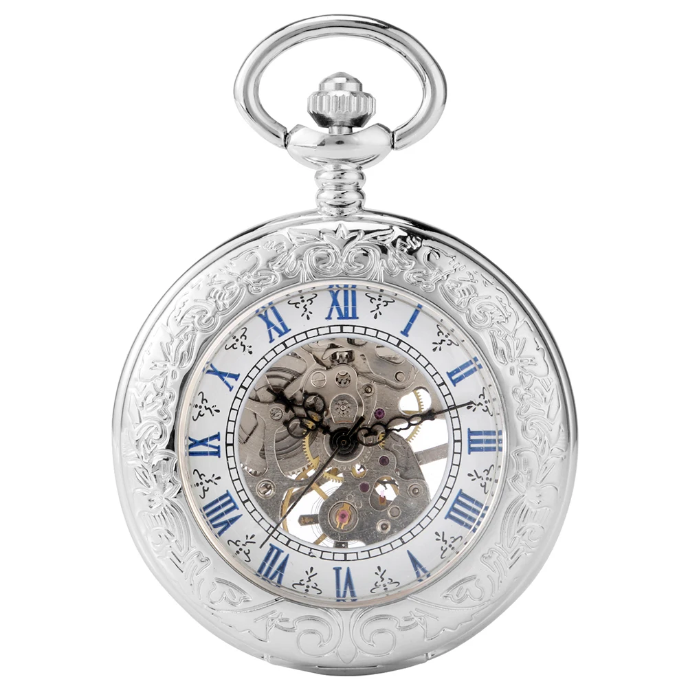 The Silvery Pocket Watch features a decorative silver case, blue Roman numerals, and a skeleton dial with visible inner gears through a transparent center.