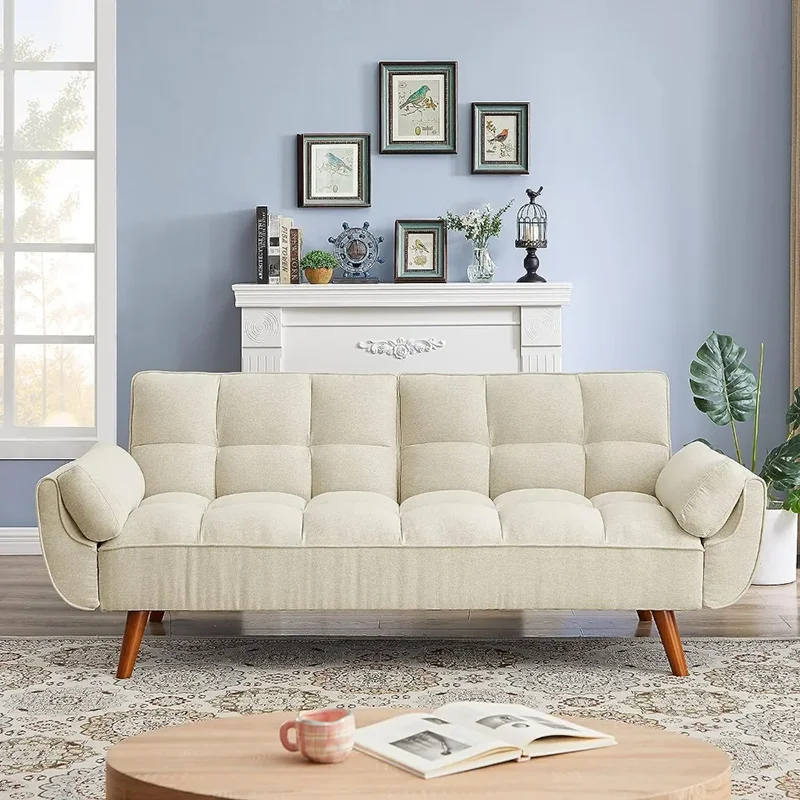 

Sofa Bed, Modern Cushioned Convertible Bed, Double Cushion Loveseat, Beige Linen Tuft, With 2 Pillows Living Room Decoration