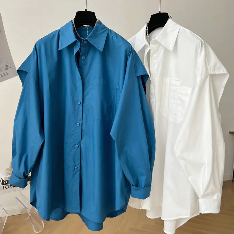 QWEEK Chic Woman Blouses Harajuku Elegant and Youth White Blue Shirts Oversized Fake Two Piece Long Sleeve Top Casual Outerwear