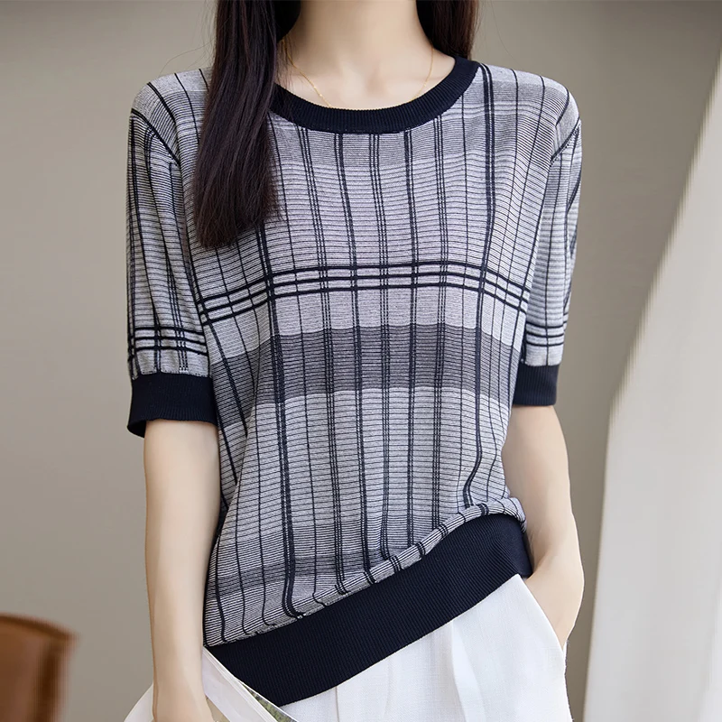 

Tencel Linen Short-Sleeved Women's 23 Summer New T-Shirt T-Shirt Loose Plaid Contrast Fashion Bottoming Shirt