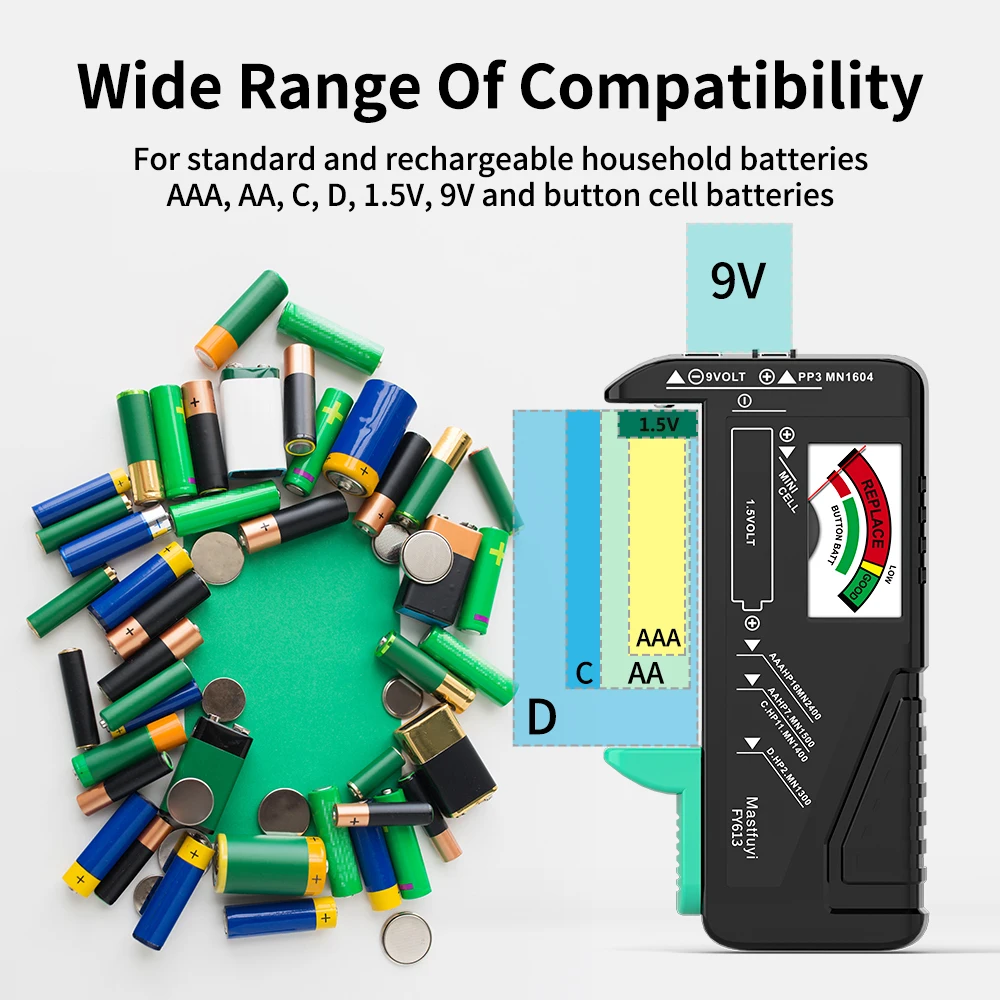 MASTFUYI Universal Battery Tester,AA/AAA//C/D/9V/1.5V Button Cell Battery Capacity Check Tool, Battery Analyzers Detector Tools