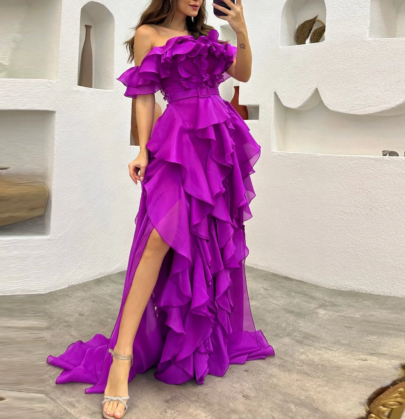 

Welove Ruffles Off Shoulder Prom Dress with Side Slit Asymmetrical Evening Gowns Robes De Bal Vestidos Arab New 2024