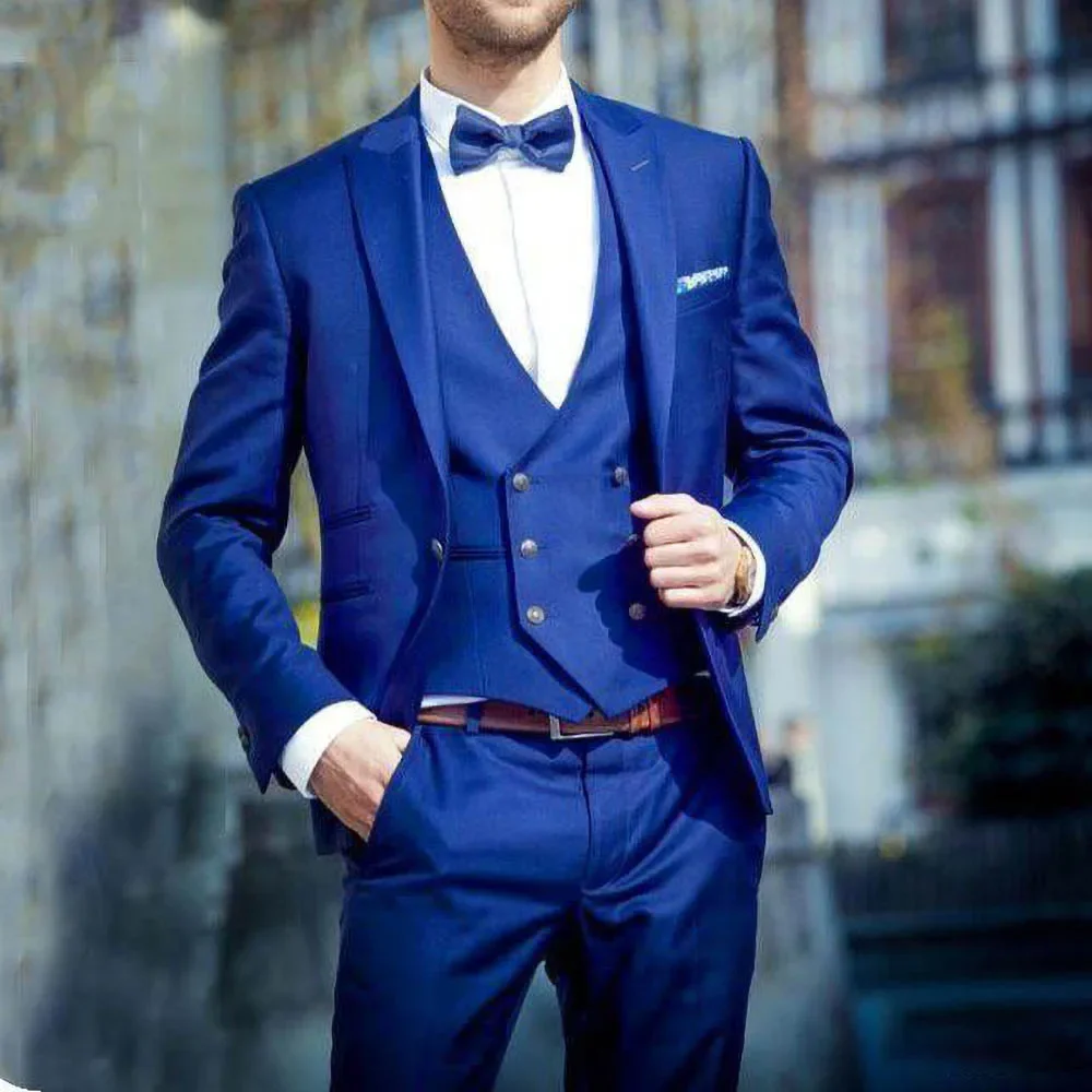 

Elegant Royal Blue Men Suits Peak Lapel Single Breasted Chic Business Office Terno 3 Piece Jacket Pants Vest Groomsmen Clothing