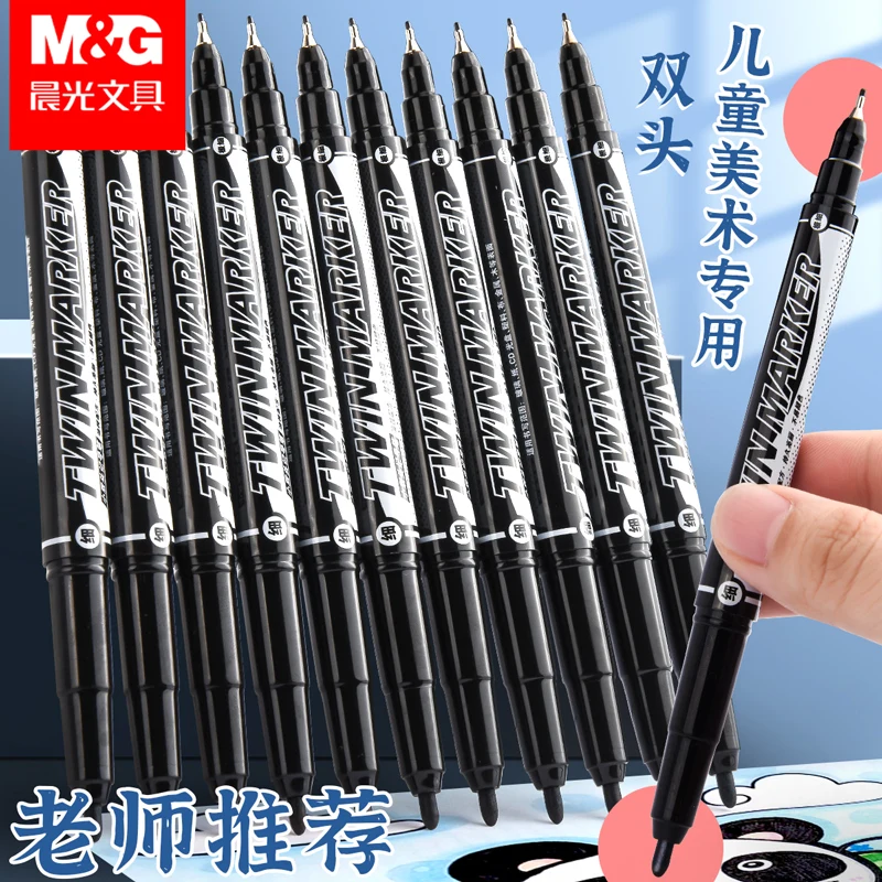 M&G Hot Sale Fine Tip 12pcs 1mm Red/Black/Blue Oil Based Marker Pens Quick Dry Double Head Marker Pen Set For School