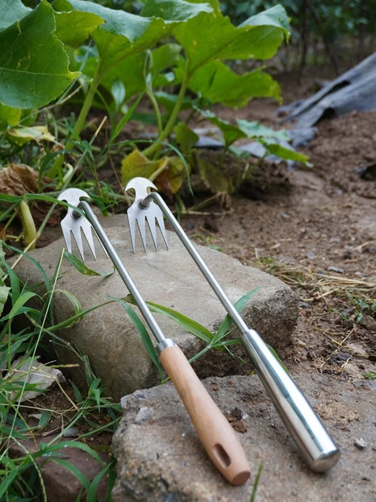 Mini Garden Rake Stainless Steel Weeding Loosen The Soil Shovel Agriculture Hoeing Tools Wood Handle 4 Teeth garden hoe aluminum garden tools