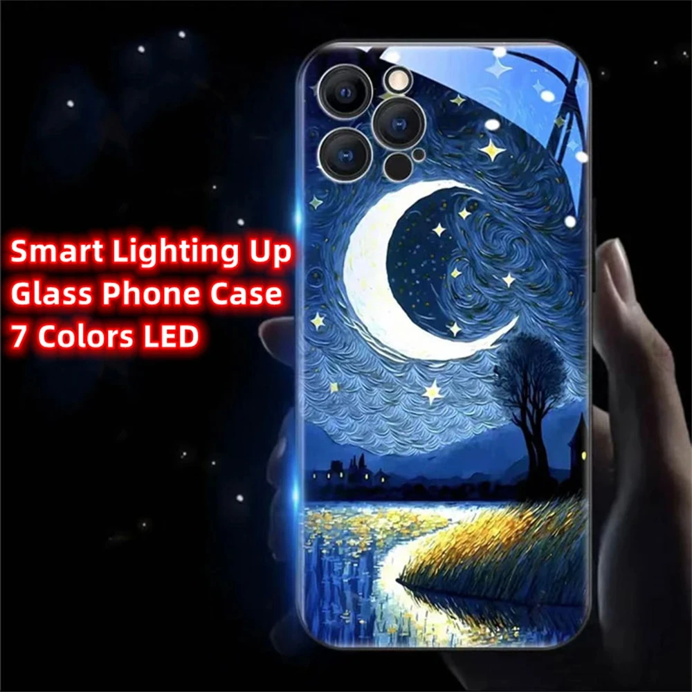 

Painting Starry Night Luminous Glass LED Calling Light Up Phone Case For XiaoMi 13 12 11 Pro Ultra RedMi K60 K50 Poco F3 F4 F5