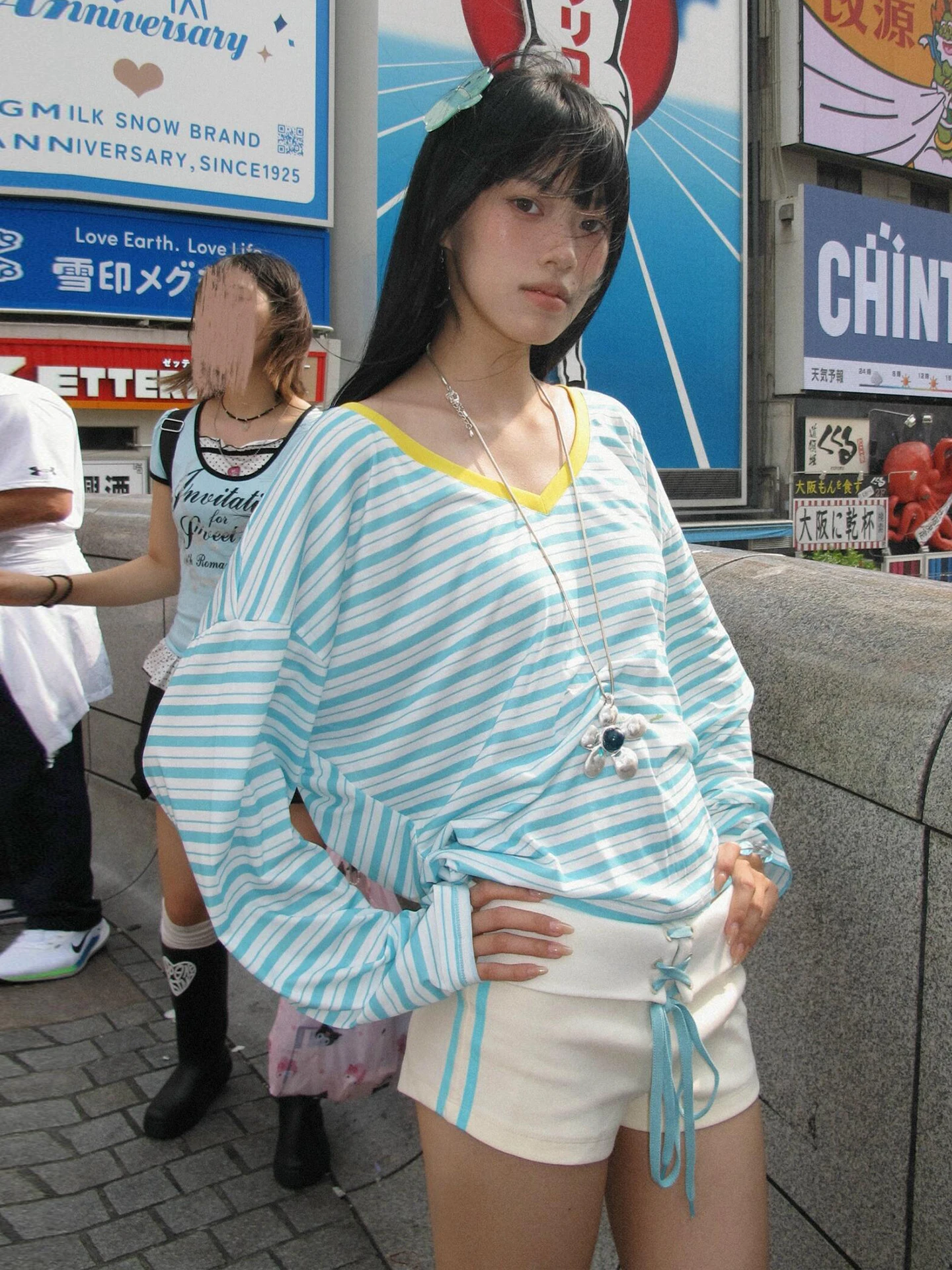 Tonngirls Japanese Y2k Blue Striped T-shirt Women V-neck Long Sleeve T Shirt Vintage Off Shoulder Loose Tee Tops 2000s Korean 3