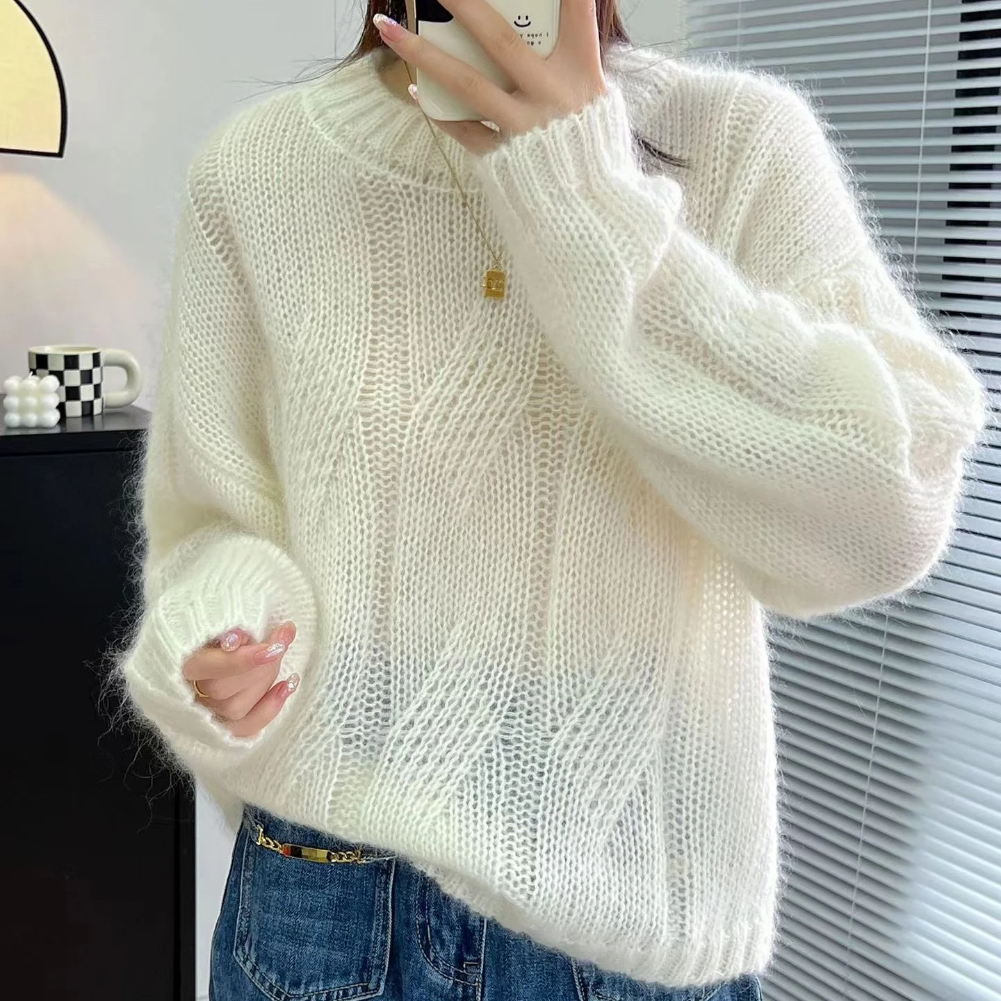 여성용 모헤어 피부 친화적 스웨터, 부드러운 왁스 풀오버, 느슨하고 게으른 관리 니트웨어, 가을 및 겨울 신상