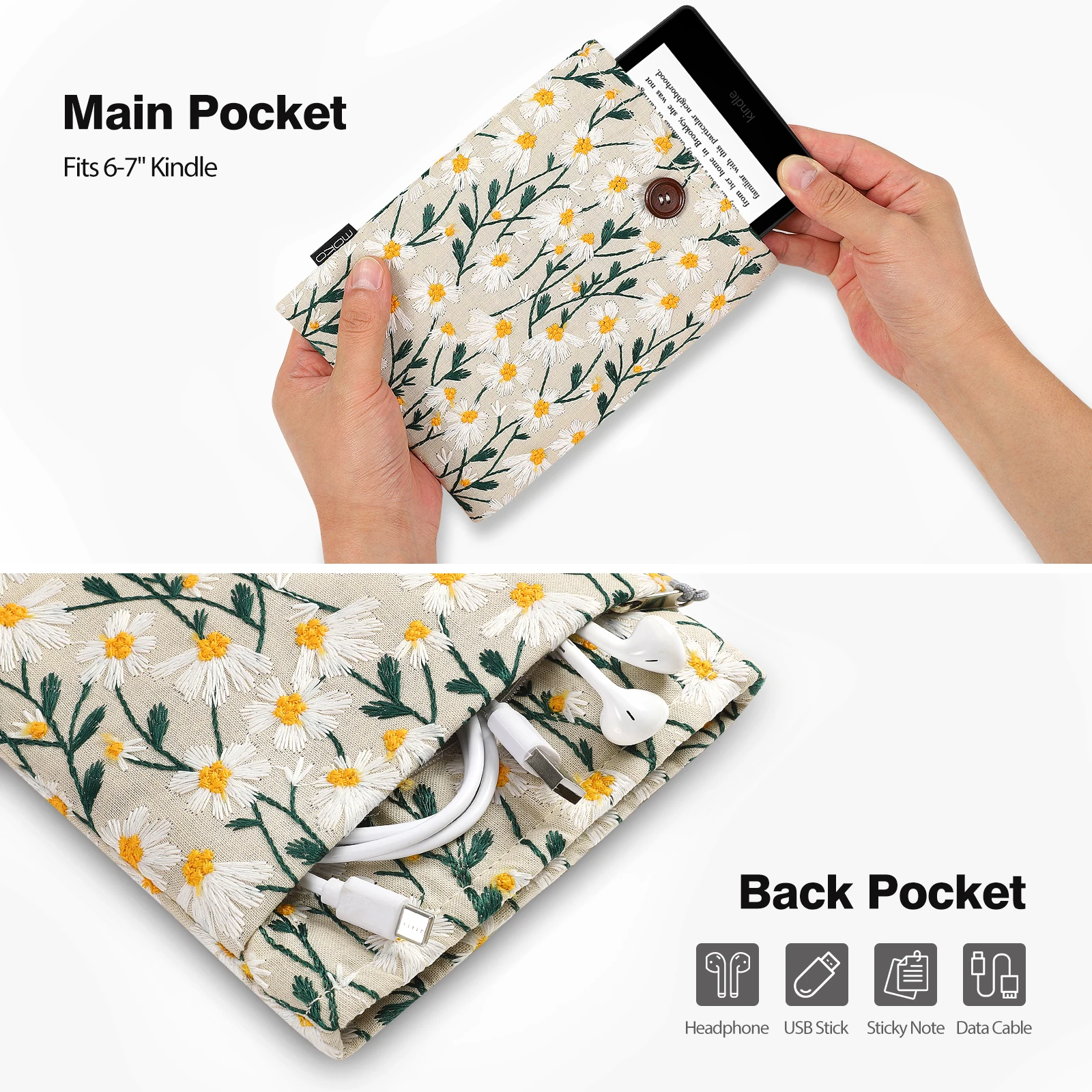 Embroidered Daisy Padded Sleeve Pouch