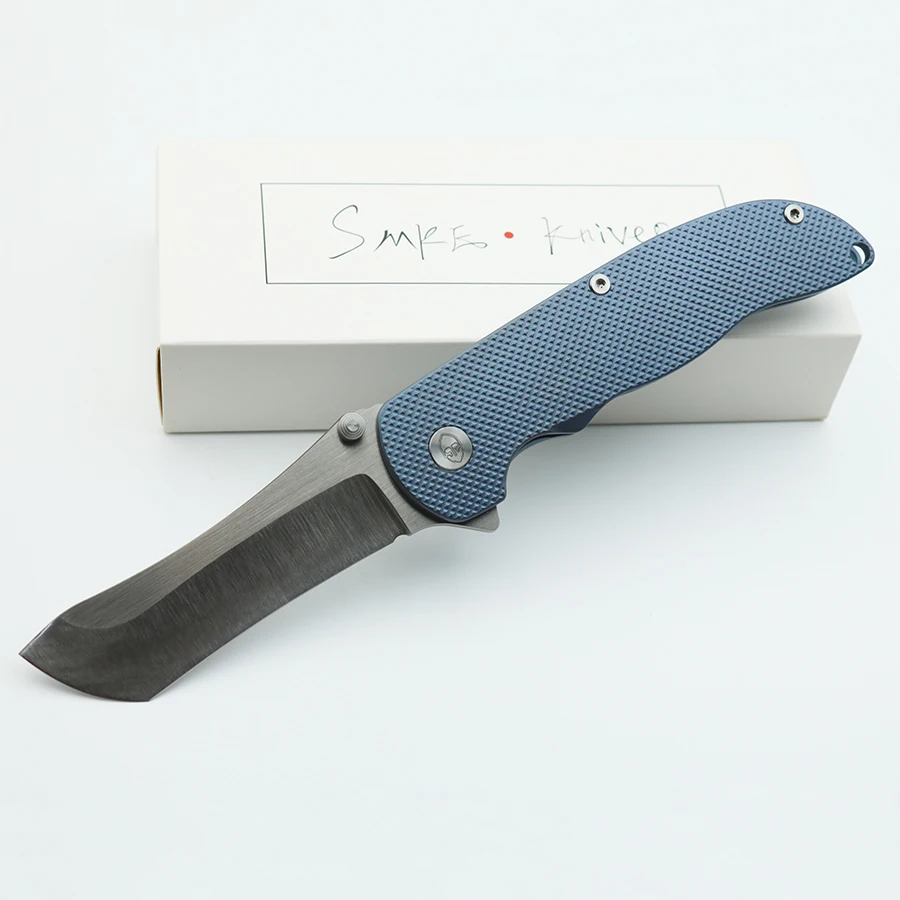 Smke Knives Norseman Flipper Folding Knife S90V Hollow Grind Blade Blue
