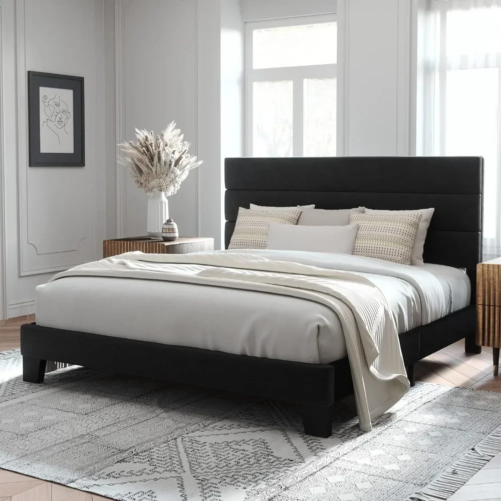 

Extra large platform bed frame with velvet padded headboard and wooden support, fully padded mattress base/easy to assemble, bed