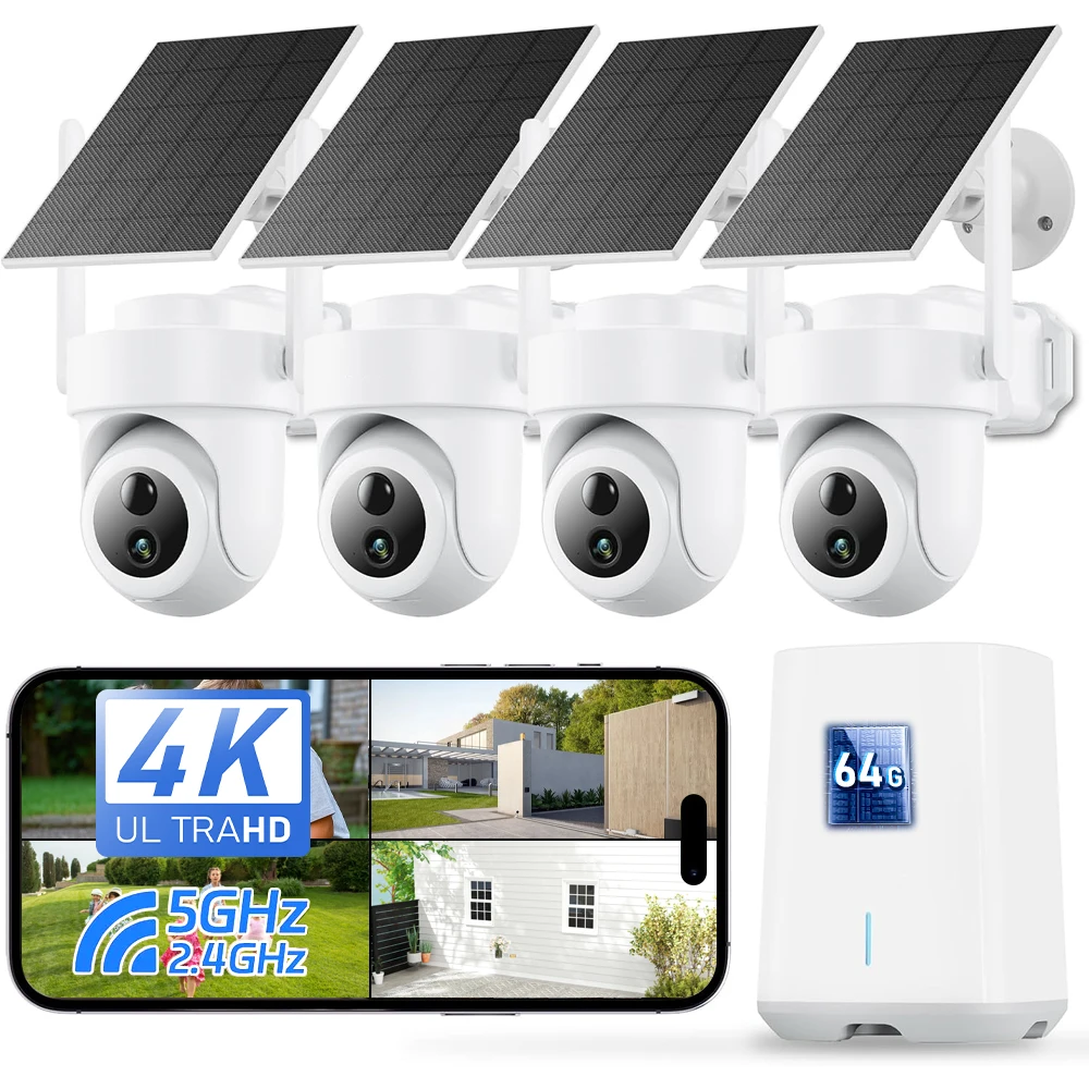 4K 8MP 홈 베이스 허브 4채널 무선 WiFi 배터리 태양광 PTZ 카메라 실..