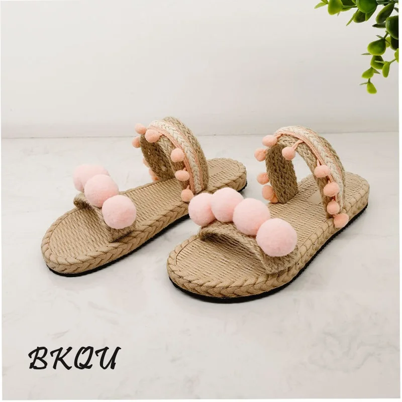 BKQU 2024 Summer Trend New Bohemian Style Hairball Ethnic Style Flip-flops Women's Seaside Beach Holiday Woven Texture