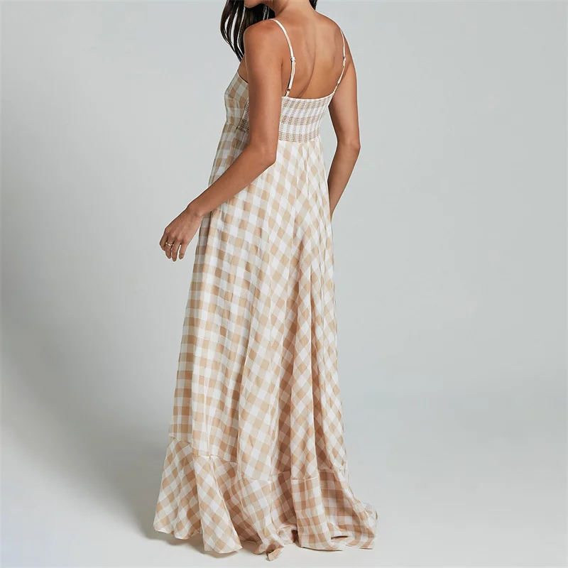 Summer Long Dresses Women Plaid Print Spaghetti Strap Sleeveless A Line Dresss Vacation Party Dresses Beachwear