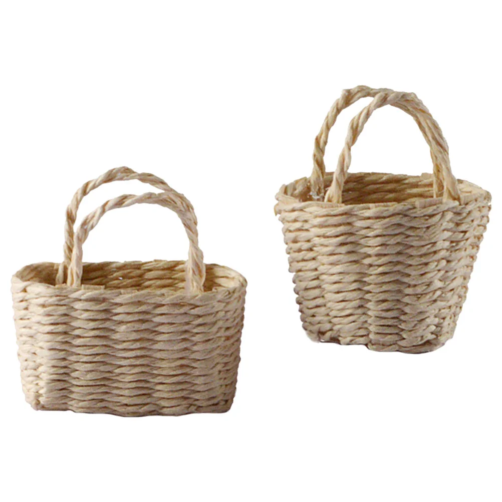 

2 Pcs House Flower Basket Miniature Baskets Bamboo Model Wicker Hamper Ornament Simulation Props Rattan