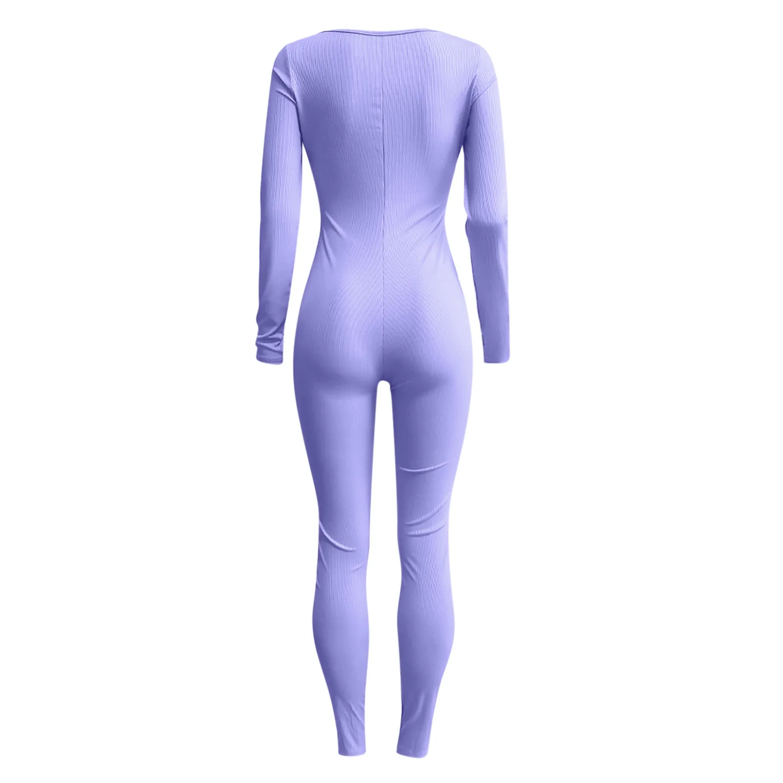 Women Ribbed Jumpsuits Elastic Seamless Solid Color Onesies Square Collar Long Sleeve Overalls Slim Sports Outwork Long Romper