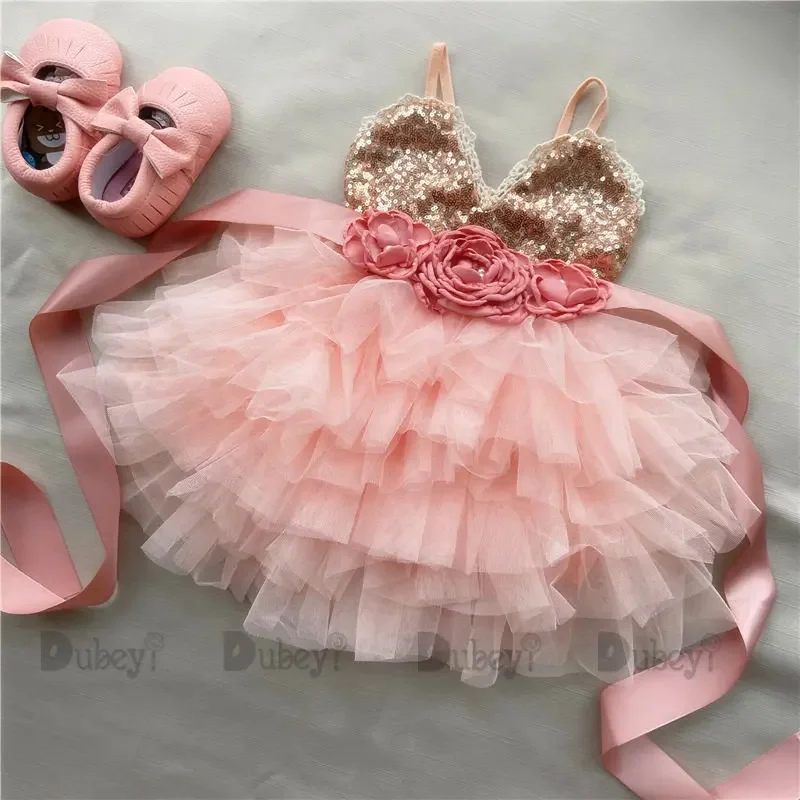 Girls Dress Shinny Flower Girls Dress for Kids Summer Toddle Party Gown Gold Sequined Layered Tutu Dress Children New Year Clothing kids clothes