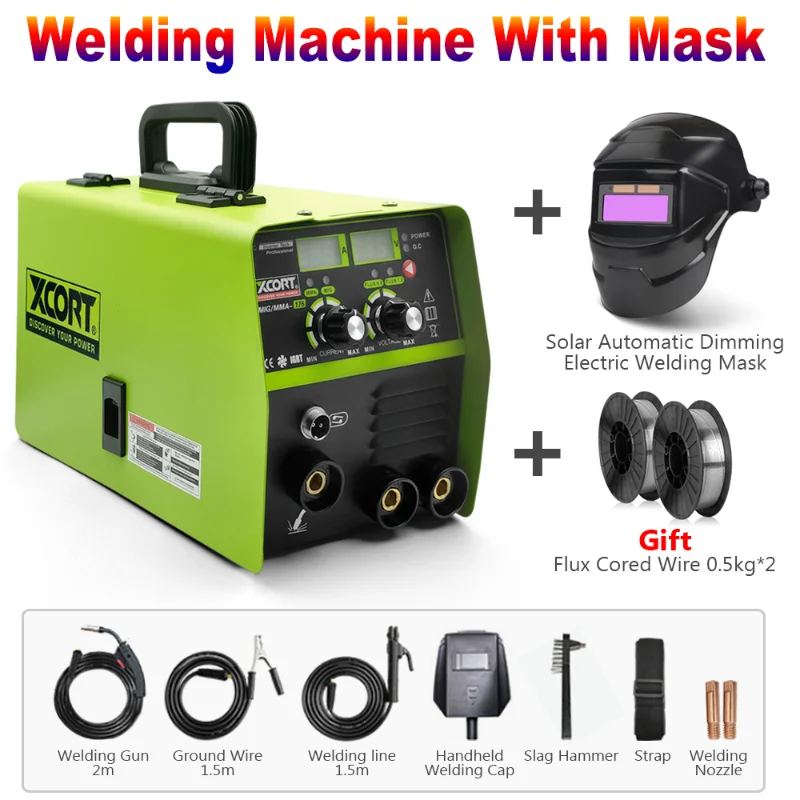 MIG MMA Welding Machine 175A Electric Semi-automatic Without Gas Welder Equipment With Wires Cables And Welding Mask Helmet