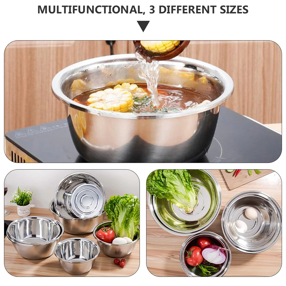 

3pcs Stainless Steel Mixing Bowls Mixing Basins Heavy Duty Salad Bowls (Silver)