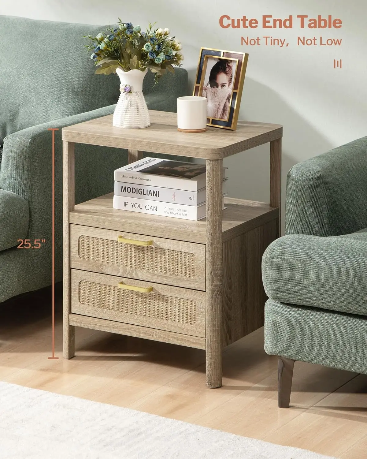 Rattan Nightstands Set of 2-Bedside Tables with 2 PE Rattan Drawers, Night Stand with Open Wood Shelf, Farmhouse Bed Side