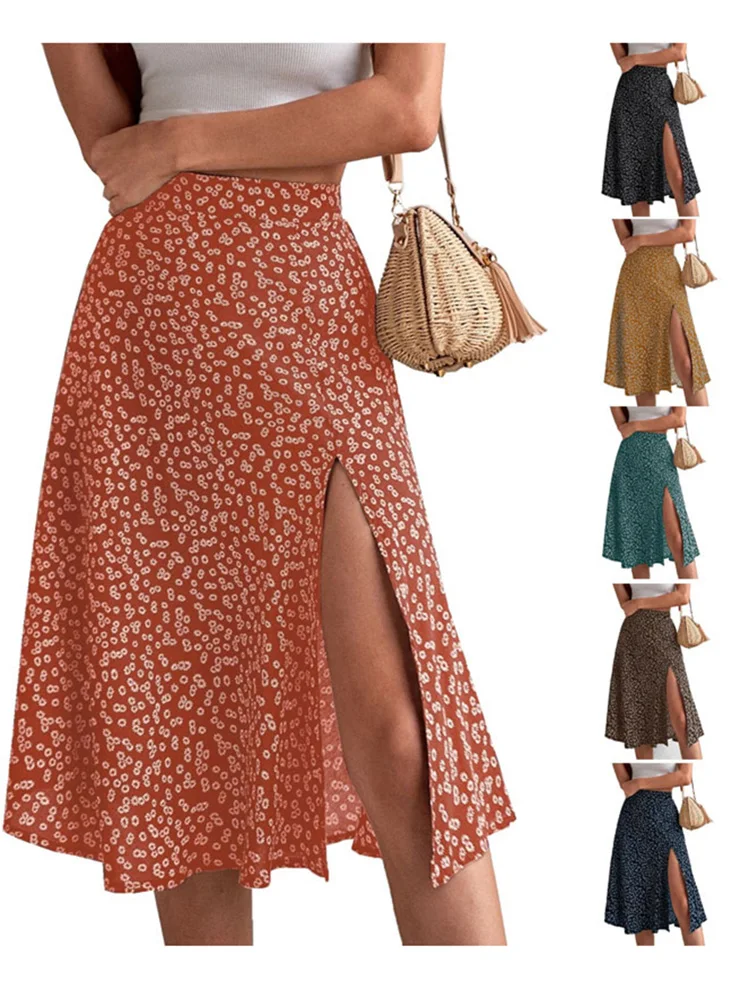 Summer Floral Printed Side Split Elastic Midi Skirts for Woman High Waist Polyester Fashion Vintage Boho A-line Female [fila]diagonal line polyester spandex men s drawers pick 1