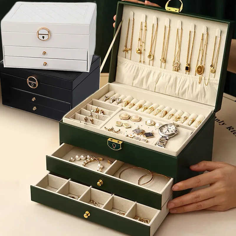 

Leather 3-Layers Drawer Jewelry Organizer Holder Box Lockable Multiple Compartments Jewelry Display Storage Boxes and Packaging