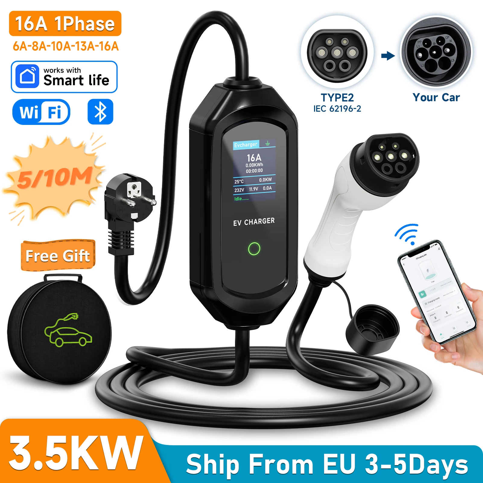 AFEEV 3.5KW 16A 1Phase Portable EV Charger Type2 IEC62196-2 EVSE Fast Charging Cable Wallbox WiFi APP Bluetooth Wireless Control