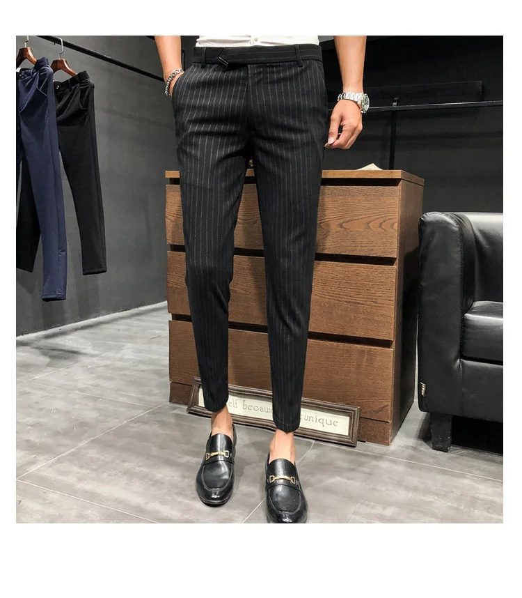 black blazer for men Style British Suit Pants Men Dress Pants Social Slim Fit Office Trousers Men Grey 2022 Spring New Striped Belt Trousers Men's casual blazer