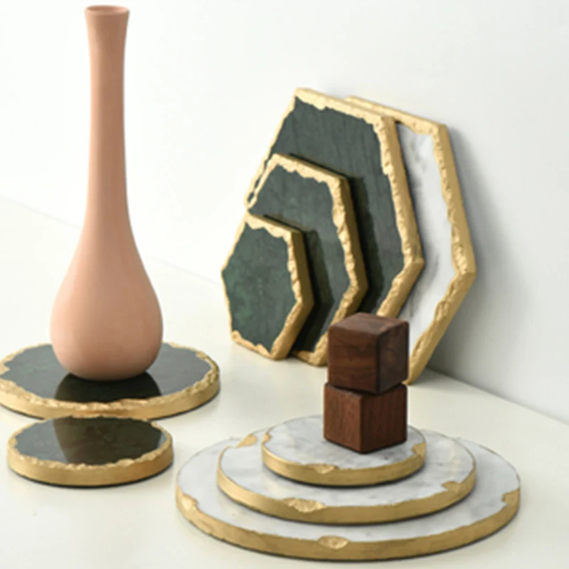 European Natural Marble Golden Stroke Cake Trays Jewelry Cosmetic Storage Tray Dessert Plate Coffee Coaster