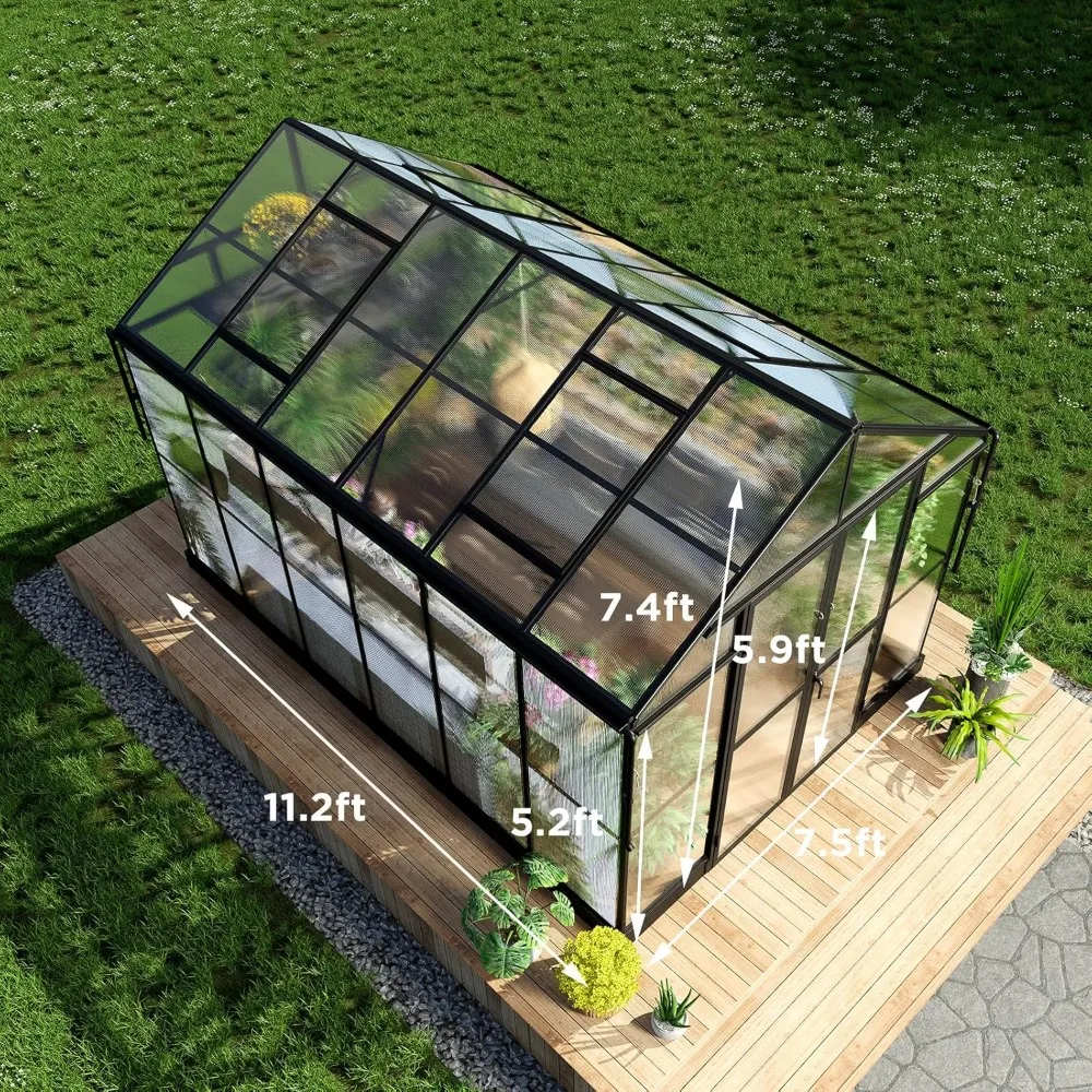 8x12x7.5 FT Polycarbonate Greenhouse Double Swing Doors 4 Vents 5.2FT Added Wall Height, Walk-in Large Aluminum Greenhouse 6