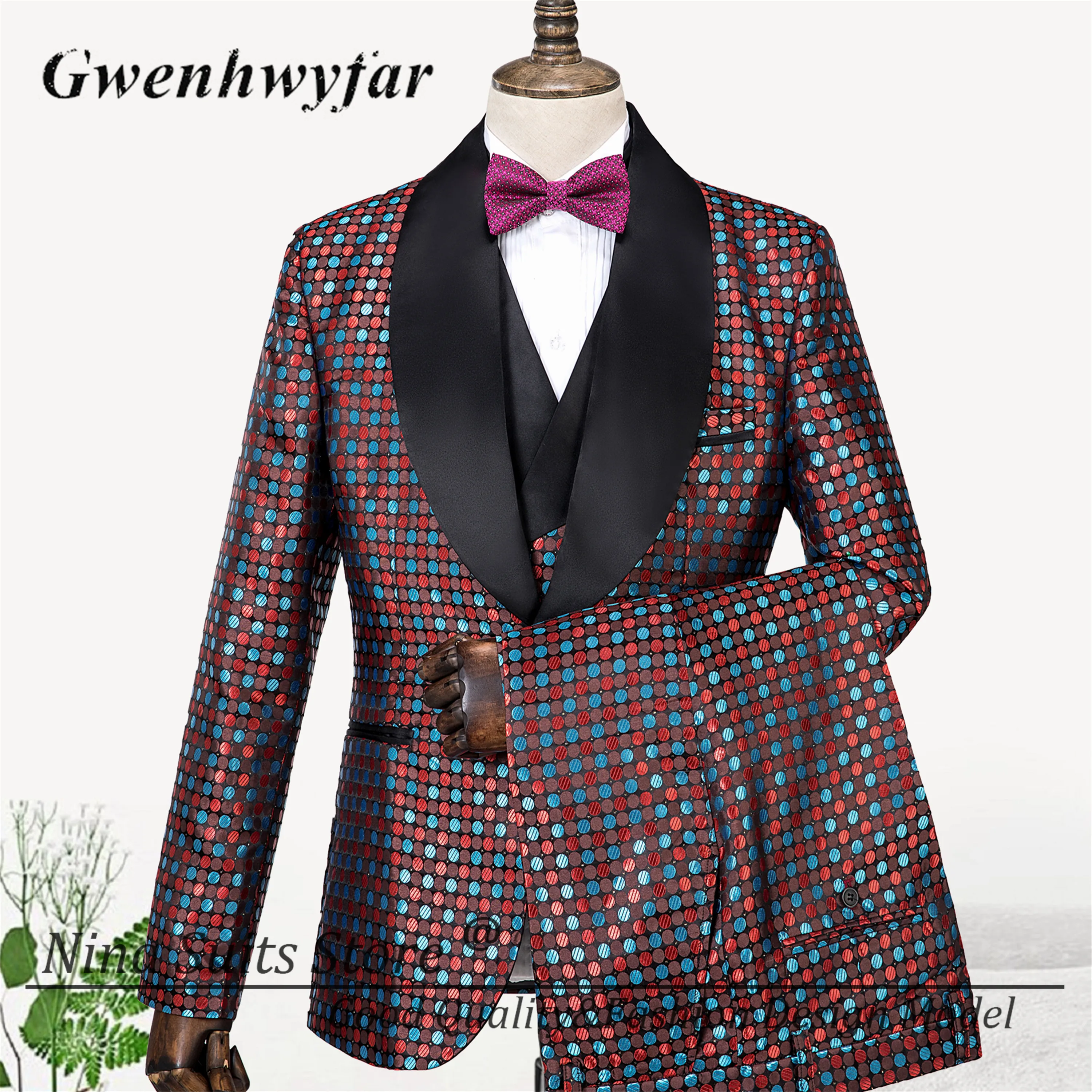 Gwenhwyfar Tailor-made Brown Red Blue Dots Pattern Costume Homme Black Shawl Lapel Men Suit Blazer Double Breasted Vest Pants