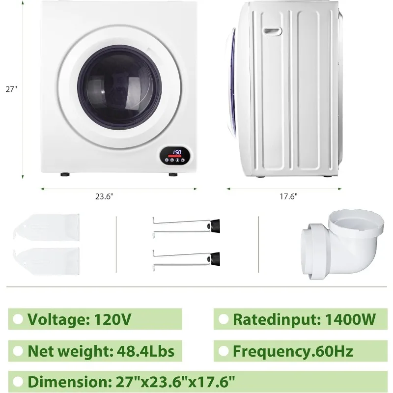 Compact Laundry Dryer,Front Load Stainless Steel Clothes Dryers with Exhaust Pipe,1500W,LCD Control Panel Four-Function Portable