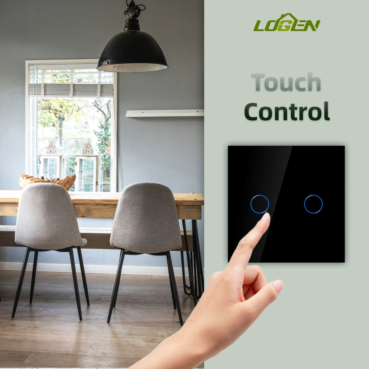 

Logen EU Standard Switch 2Gang 1Way 300W/Gang Touch Light Switch Single Fire Thyristor Tempered Glass Panel Blue Backlight