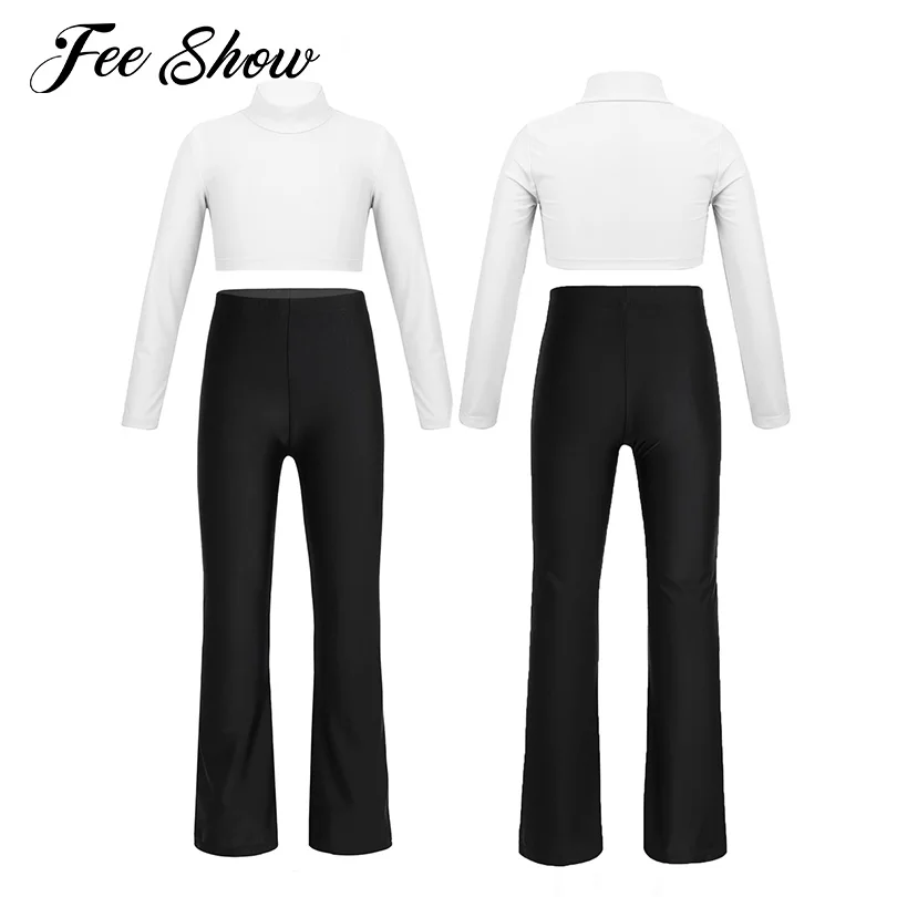 

Kids Girls Dance Costumes Casual Yoga Sets Tracksuits Dancewear Long Sleeve Crop Top Pants Gymnastics Workout Sport Suit Clothes