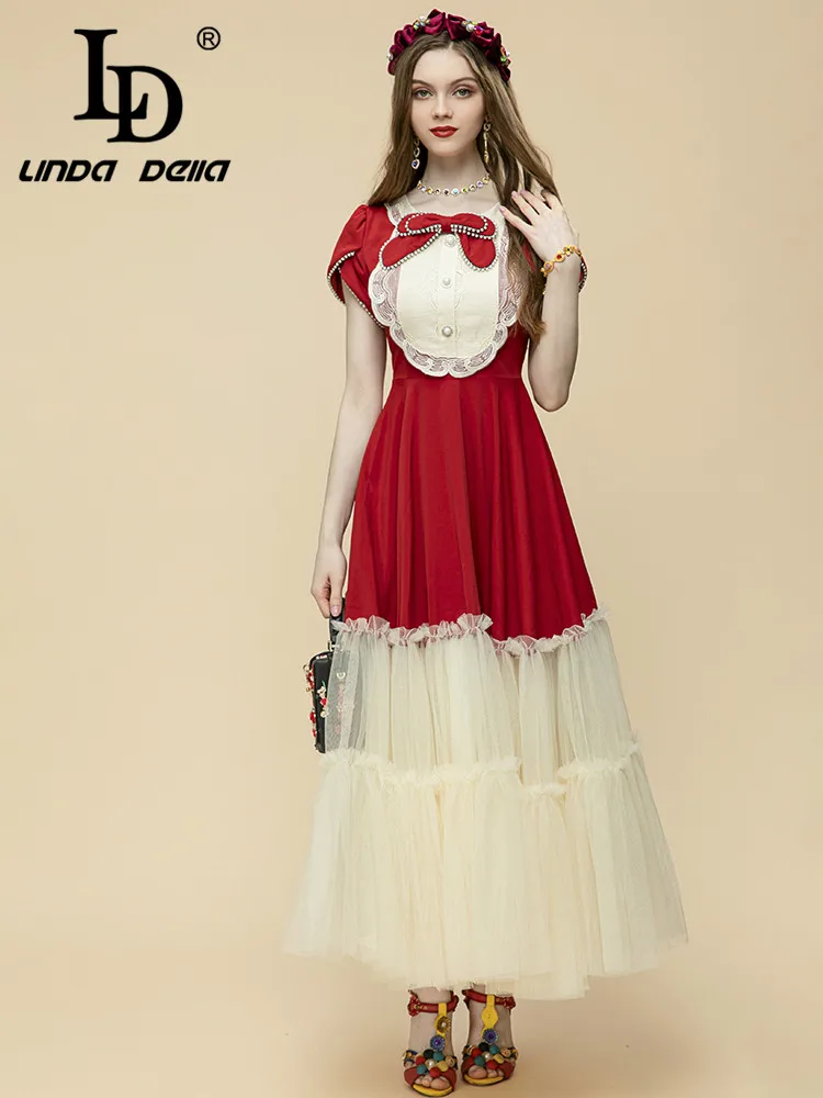 

LD LINDA DELLA Fashion Runway Summer Dress Women Short sleeve Sweet Bow Beading patchwork Mesh Elegant Holiday Party Dress
