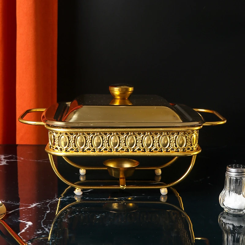 

Glass Buffet Stove Square 1.8L Gold Food Heating Container