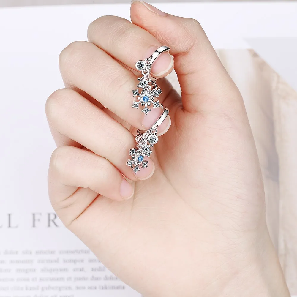 Real 925 Sterling Silver Jewelry New Original Fashion Crystal Snowflake Drop Earrings For Women FQL22176
