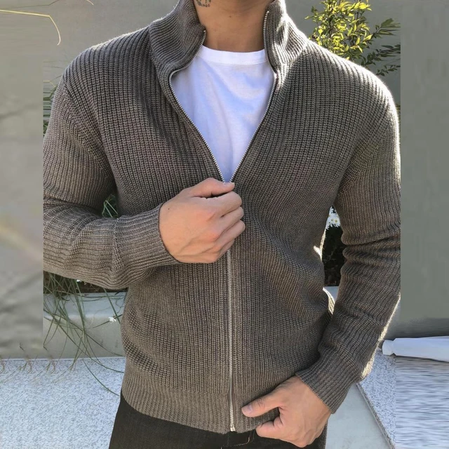 Chaqueta de punto con cremallera para Hombre, Suéter de punto para Hombre, Abrigo de suéter, Cuello alto