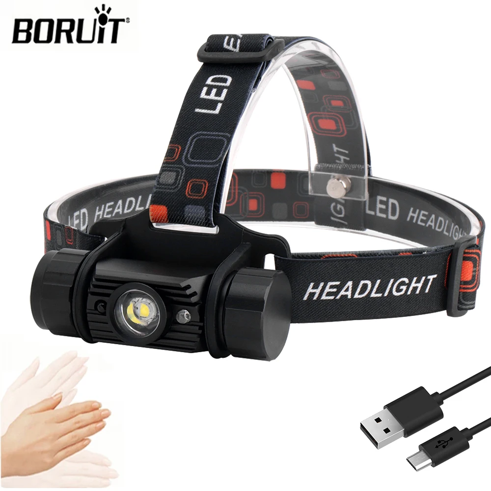 Head Flashlight BORUiT IR Sensor LED Headlamp 18650 Battery USB Rechargeable Waterproof Work Torch Fishing Camping