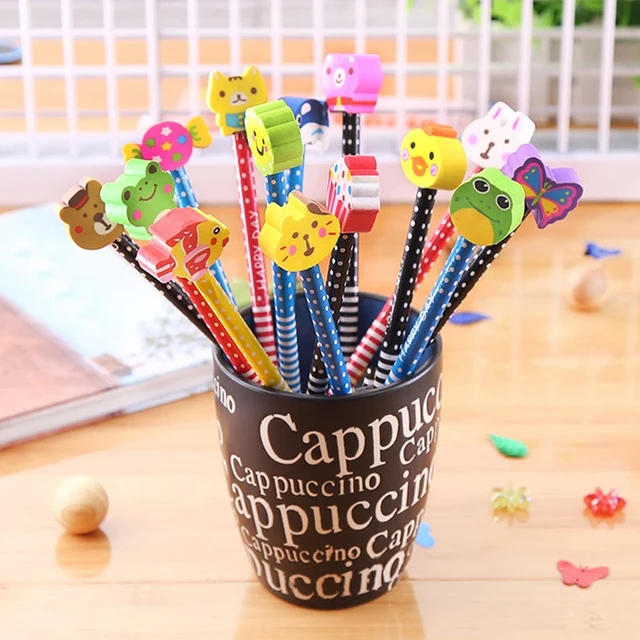 12 Wooden Lead Pencils Pack Cartoon With Eraser Colorful Novelty