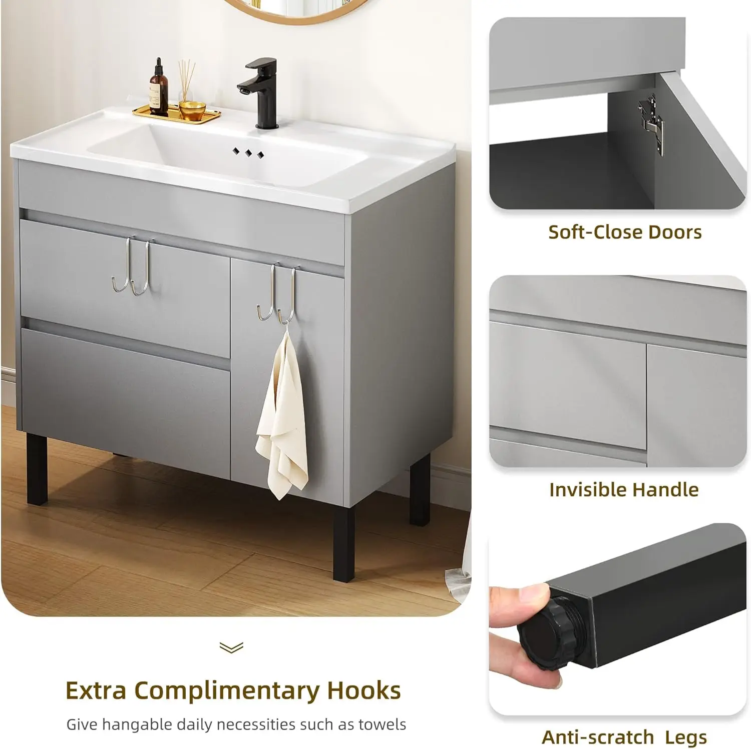 36 Inch Freestanding Bathroom Vanity Sink Combo with High-hardness Ceramic Basin Small Space Storage Adjustable Feet